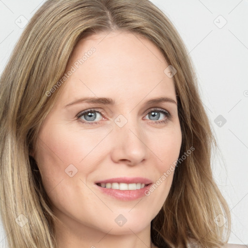 Joyful white young-adult female with long  brown hair and green eyes