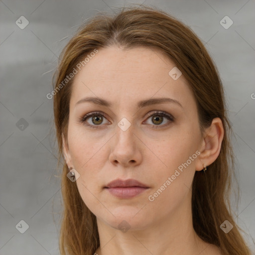 Neutral white young-adult female with long  brown hair and brown eyes