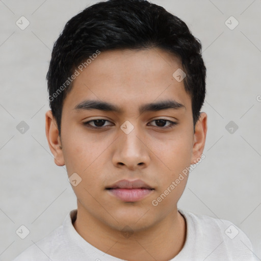 Neutral asian young-adult male with short  black hair and brown eyes