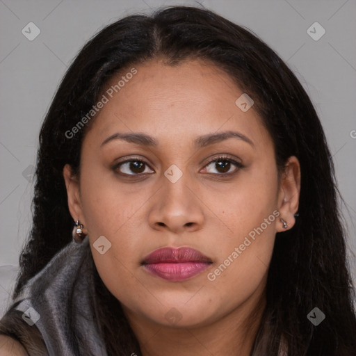 Joyful asian young-adult female with long  brown hair and brown eyes