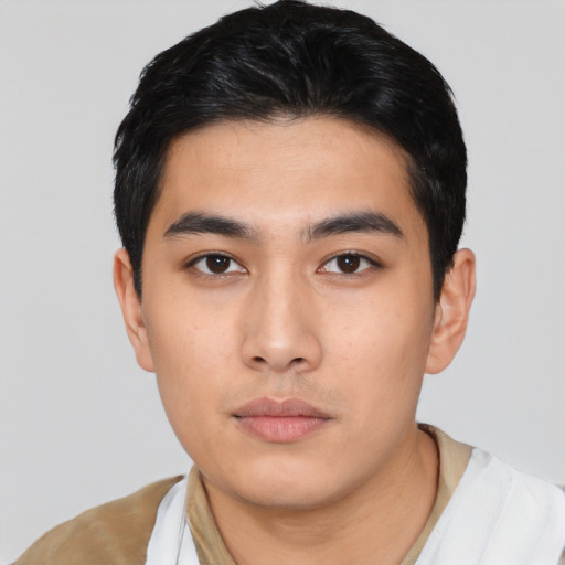 Neutral asian young-adult male with short  black hair and brown eyes
