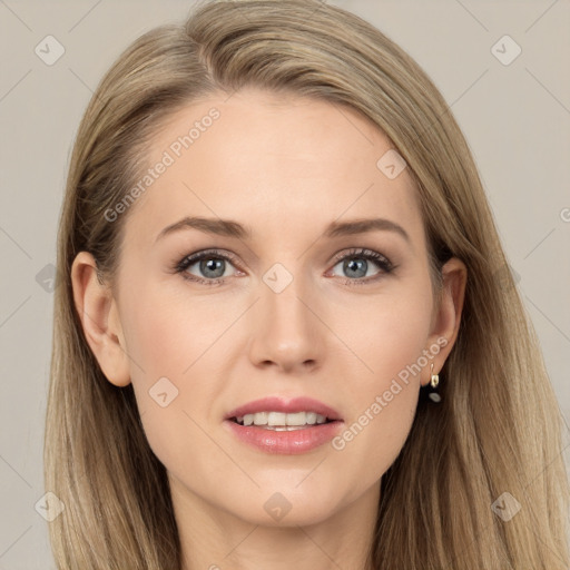 Joyful white young-adult female with long  brown hair and grey eyes