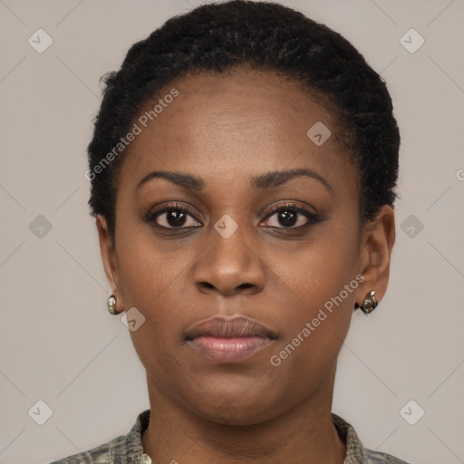 Neutral black young-adult female with short  black hair and brown eyes