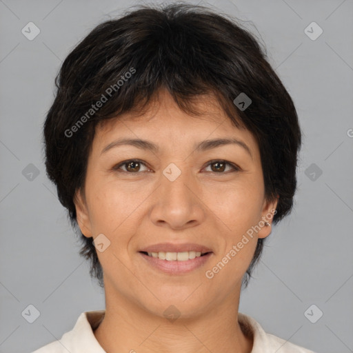 Joyful white adult female with short  brown hair and brown eyes