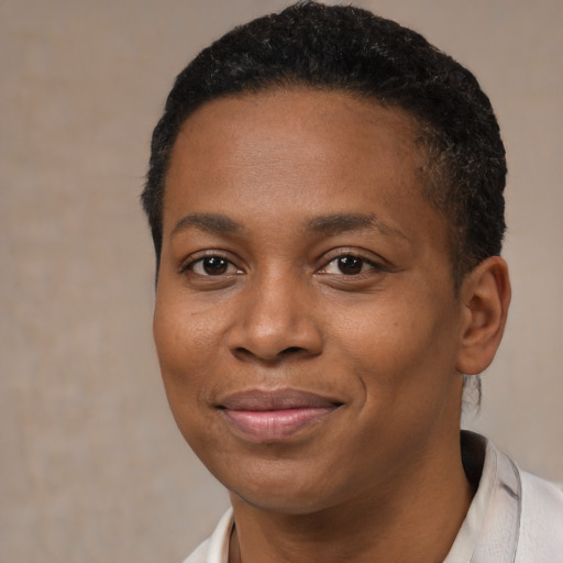 Joyful black young-adult female with short  black hair and brown eyes