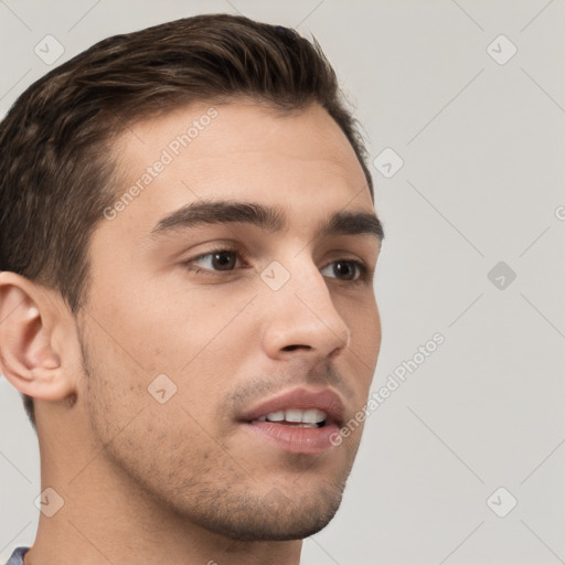 Neutral white young-adult male with short  brown hair and brown eyes