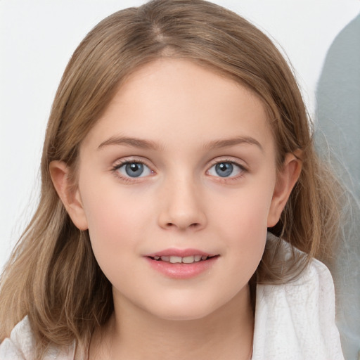 Joyful white child female with medium  brown hair and blue eyes