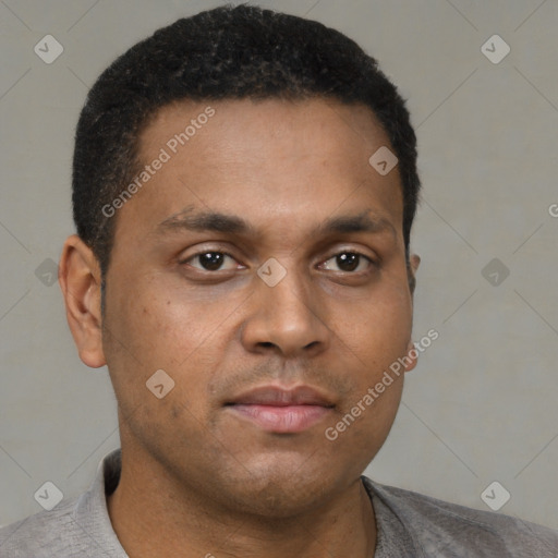 Neutral latino young-adult male with short  brown hair and brown eyes