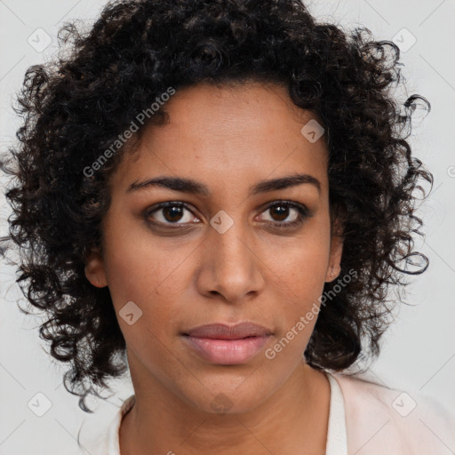 Neutral black young-adult female with medium  brown hair and brown eyes