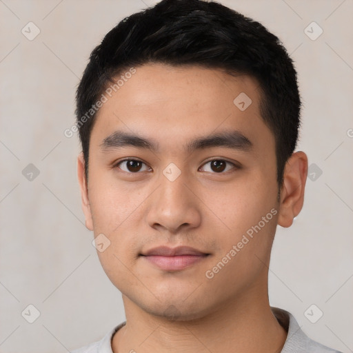 Neutral asian young-adult male with short  black hair and brown eyes