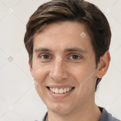 Joyful white young-adult female with short  brown hair and grey eyes