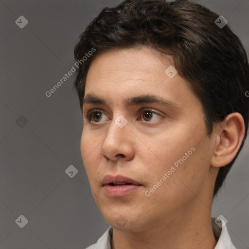 Neutral white young-adult male with short  brown hair and brown eyes