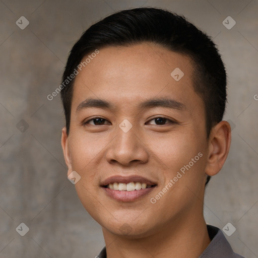 Joyful white young-adult male with short  black hair and brown eyes