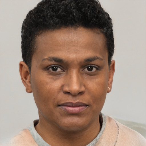 Joyful black young-adult male with short  brown hair and brown eyes