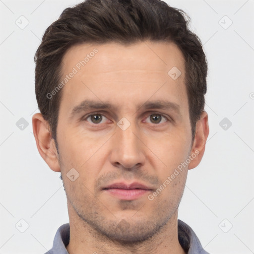 Neutral white adult male with short  brown hair and brown eyes