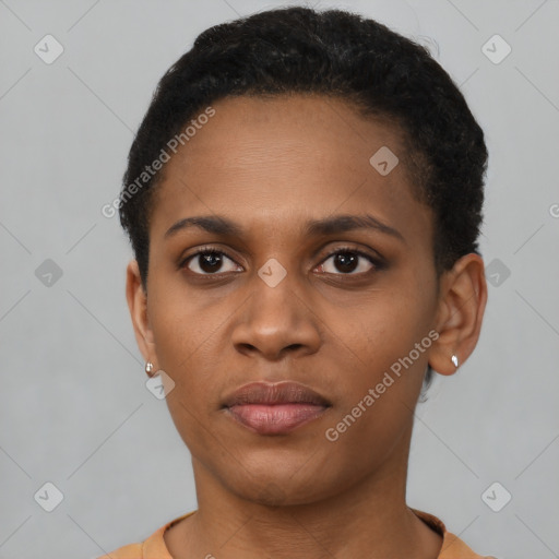 Neutral latino young-adult female with short  black hair and brown eyes