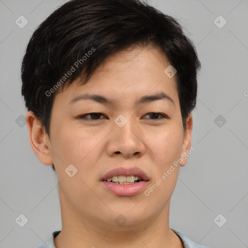 Joyful asian young-adult female with short  brown hair and brown eyes