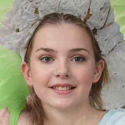 Joyful white child female with medium  brown hair and green eyes