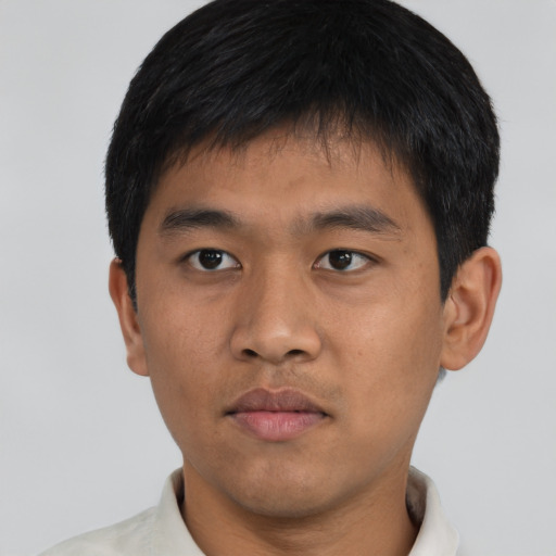 Neutral asian young-adult male with short  black hair and brown eyes