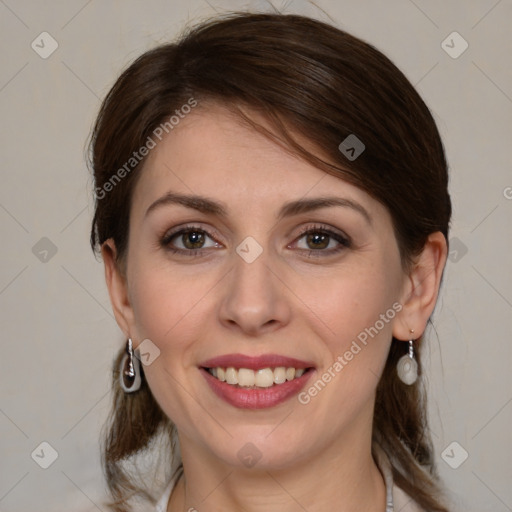 Joyful white young-adult female with medium  brown hair and grey eyes