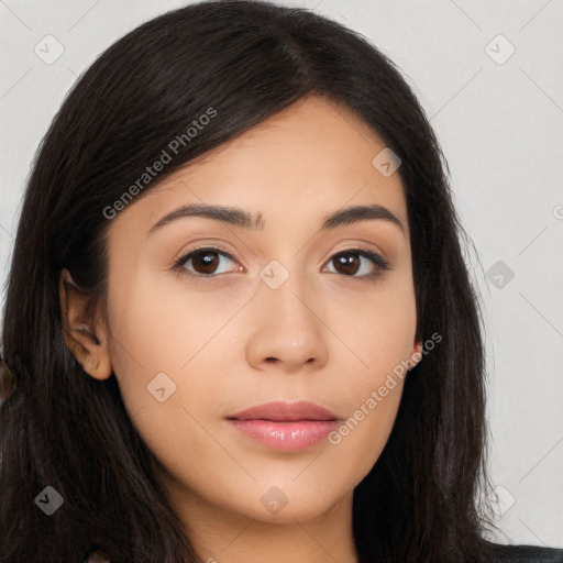 Neutral latino young-adult female with long  brown hair and brown eyes