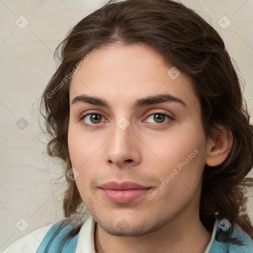 Neutral white young-adult female with medium  brown hair and brown eyes