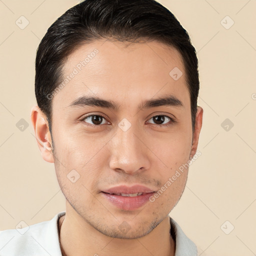 Joyful white young-adult male with short  brown hair and brown eyes