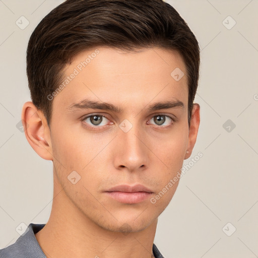 Neutral white young-adult male with short  brown hair and brown eyes