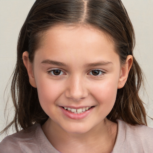 Joyful white child female with medium  brown hair and brown eyes