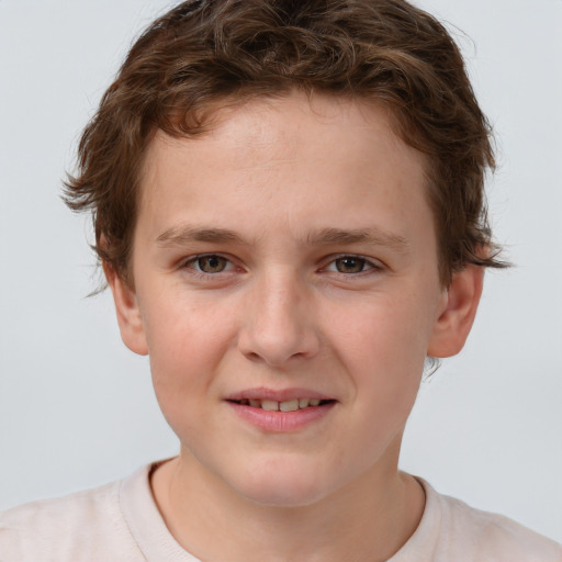 Joyful white child female with short  brown hair and brown eyes