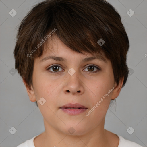 Neutral white young-adult female with short  brown hair and brown eyes