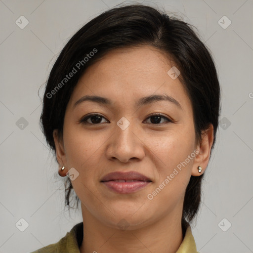 Joyful asian young-adult female with medium  brown hair and brown eyes