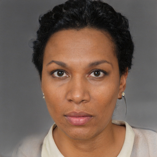 Neutral black adult female with short  black hair and brown eyes