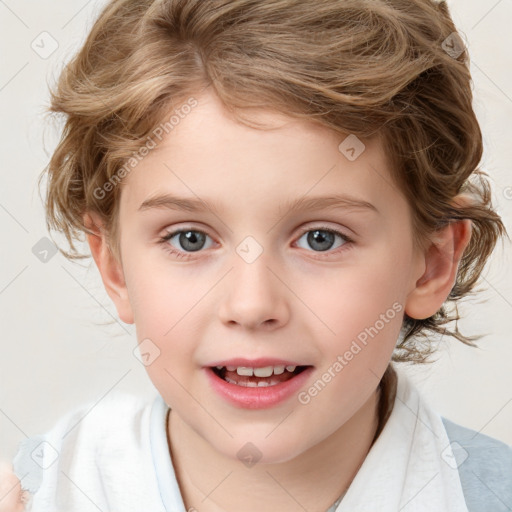 Joyful white child female with medium  brown hair and blue eyes