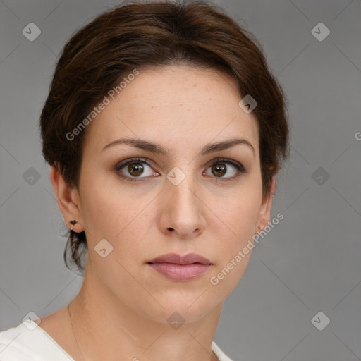 Neutral white young-adult female with short  brown hair and brown eyes