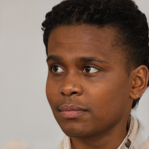 Neutral black young-adult male with short  black hair and brown eyes