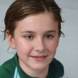 Joyful white child female with medium  brown hair and grey eyes