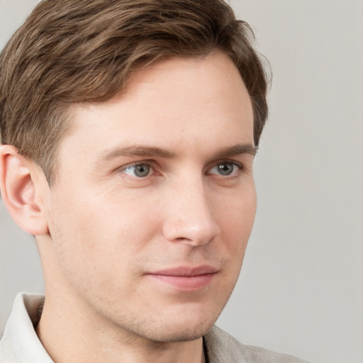 Neutral white young-adult male with short  brown hair and grey eyes