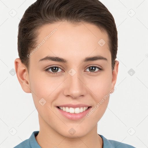 Joyful white young-adult female with short  brown hair and brown eyes