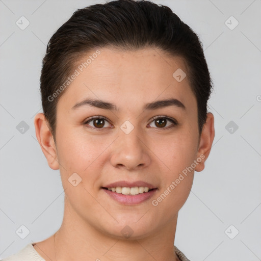 Joyful white young-adult female with short  brown hair and brown eyes