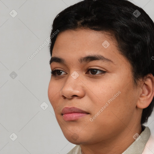 Joyful asian young-adult female with short  black hair and brown eyes