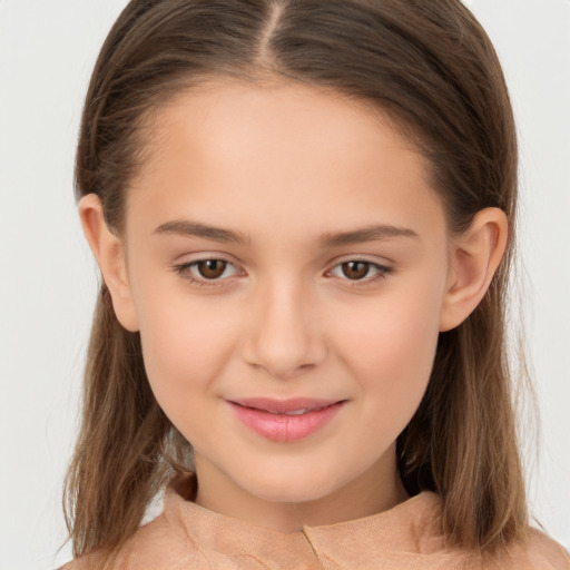 Joyful white child female with medium  brown hair and brown eyes