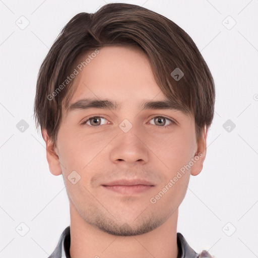 Neutral white young-adult male with short  brown hair and brown eyes