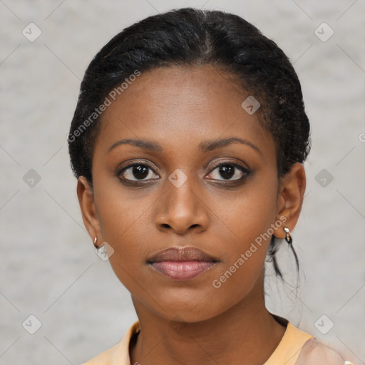 Neutral black young-adult female with short  black hair and brown eyes