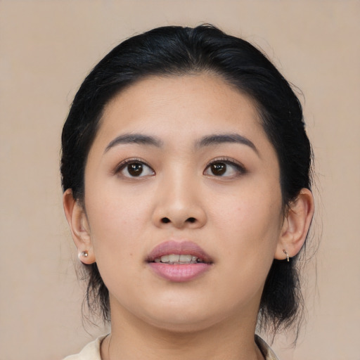 Neutral asian young-adult female with medium  black hair and brown eyes