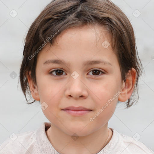 Joyful white child female with medium  brown hair and brown eyes