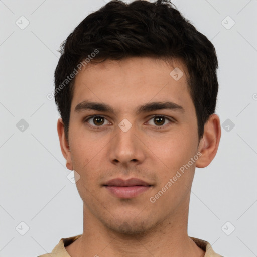 Neutral white young-adult male with short  brown hair and brown eyes