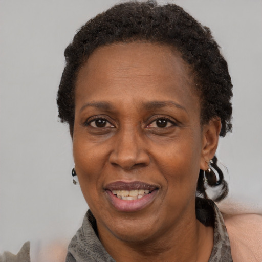 Joyful black adult female with short  brown hair and brown eyes