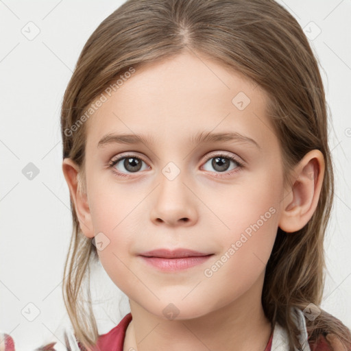 Joyful white child female with medium  brown hair and grey eyes