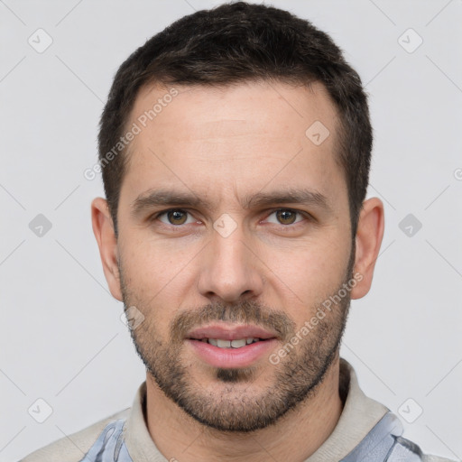 Neutral white young-adult male with short  brown hair and brown eyes